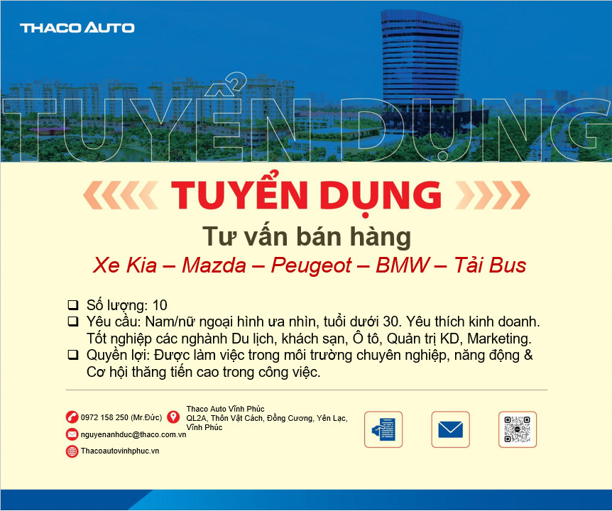 TIN TUYỂN DỤNG | THACO AUTO VĨNH PHÚC TUYỂN DỤNG 10 TƯ VẤN BÁN HÀNG XE KIA - MAZDA - PEUGEOT - BMW - TẢI BUS